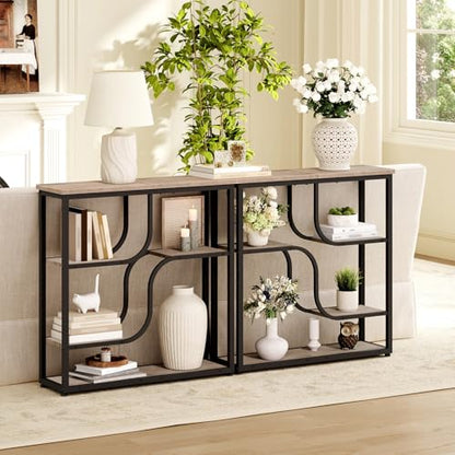 HOOBRO 29.5" Console Table, 5-Tier Narrow Entryway Table, Behind Couch Table with Storage Shelves, Sofa Table for Hallway, Living Rooms, Entryway, Greige and Black BG69XG01 - color: Greige + Black