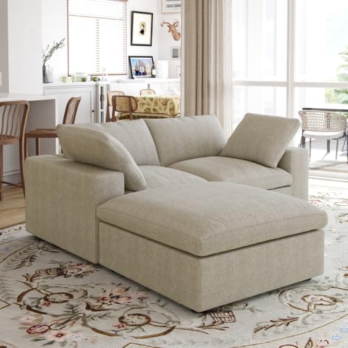 79" Cloud Modular Sofa, Convertible Modular Loveseat Couch with Storage Ottoman, Cotton Linen Fabric Sofa for Living Room, Apartment and Bedroom, Removable Covers, 2 Pillows, Khaki - color: Khaki, size: LoveSeat+1 Ottoman