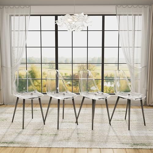 Baysitone Clear Dining Chairs Set of 4, Modern Kitchen Chairs with Transparent Seat, Acrylic Accent Side Chairs with Plating Metal Legs for Dining Room, Kitchen, Living Room with Black - color: Black, size: Set of 4