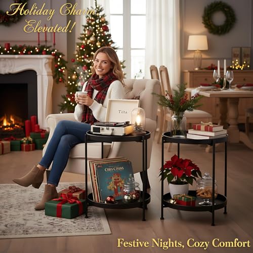Black Round End Table, 2-Tier Metal Side Table, Accent Nightstand | Compact Footprint, Upper and Lower Surfaces Keep Lamps, Books and Decor Close Beside Sofas, Beds or Chairs - color: Teatable-black