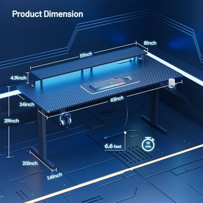 HLDIRECT 63 Inch Gaming Desk with LED Lights & Cable Management, Black | Ergonomic carbon fiber gaming computer desk with 5 sockets, monitor stand, cup holder, headphone hook & mouse pad for gamers - size: 63INCH