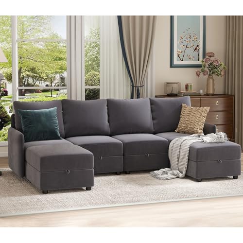 COMHOMA Convertible Sectional Sofa Couch Free Combination L/U Shaped Sofa with High Density Memory Foam Modular Oversized Cloud Couch for Living Room, Apartment and Small Space 6 Seaters - size: 4+2M