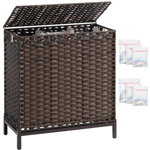 SETVSON Laundry Hamper with Lid, 35 Gal 3-Bag Clothes Sorter, Brown | Large Family Laundry Trunk with Lid, 3 Compartment Sorting Liner, 6 Wash Bags, Elevated PE Rattan Bin with Handles - color: Brown, size: 132 L - 35 gal