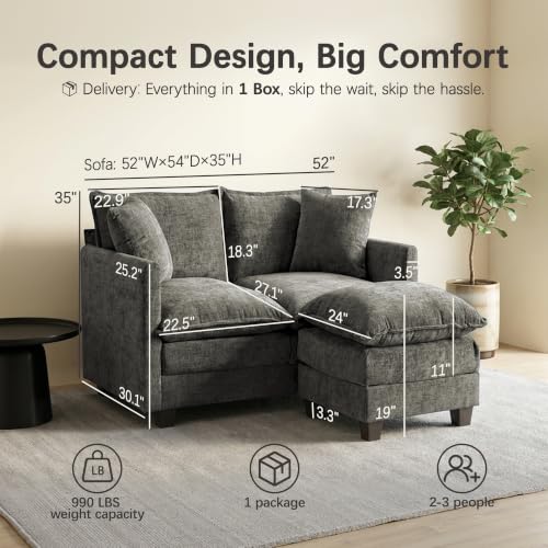 52" Loveseat Sofa, L-Shaped Cloud Love Seat Couches with Ottoman | Comfy Chenille Modern Love Seat with 2 Pillows, Small Loveseat for Small Spaces, Living Room, Bedroom, Apartment,Grey, 52" L - color: Grey, size: 52" L