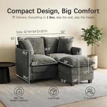 52" Loveseat Sofa, L-Shaped Cloud Love Seat Couches with Ottoman | Comfy Chenille Modern Love Seat with 2 Pillows, Small Loveseat for Small Spaces, Living Room, Bedroom, Apartment,Grey, 52" L - color: Grey, size: 52" L