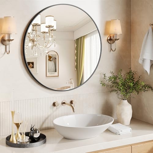 IDEALHOUSE 18 Inch Round Bathroom Mirror, Black Aluminum Frame Mirror | Rust Resistant Aluminum Frame / Modern Round Mirror Design / Easy Wall Mount Installation - color: Black, size: 18"L x 18"W