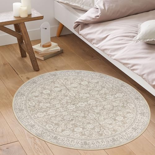 SIILOOM Washable 3ft Circle Round Rug, 3x3 Non-Slip Soft Circular Area Rugs | Cream/Beige/Yellow/White Spill & Stain Resistant Carpet for Living Room Dining RoomUnder Table - color: Cream/Beige/Yellow/White/Grey, size: 3' (Round)