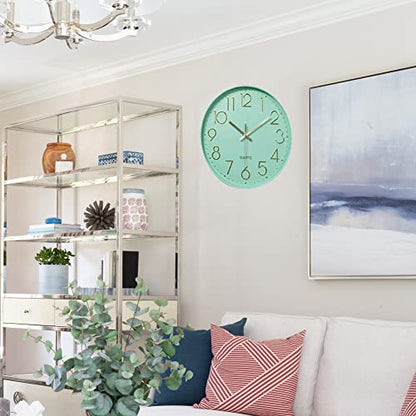 12 in Wall Clock Non-Ticking Quartz Silent Battery Operated Round Clocks Home Kitchen Office School Living Room Decor Clocks (Mint Green) - color: Mint Green