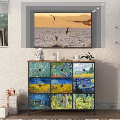 EXOTICA Van Gogh 9 Drawers Dresser Wide TV Stand Colorful Dressers & Chest of Drawers Enterway Furniture for Bedroom Living Room Hallway Closets Steel Frame Wood Top - size: 39.1"D x 11.8"W x 30.5"H (9 Drawers)