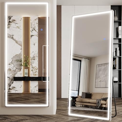 Antok LED Full Length Mirror with Light, 71"x28" Lighted Full Body Mirror with Stand, Dimmable & 3 Color Lighting Standing/Leaning/Wall Mounted Vanity Mirror for Bedroom Cloakroom Livingroom(Rect) - size: 71"L x 28"W, style: Rect Style