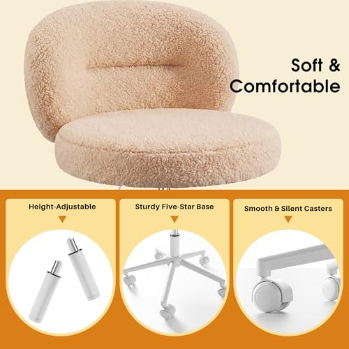 Homkdom Round Vanity Chair with Silent Wheels, 17.32" Wide Seat | Height Adjustable, 360 Swivel & Smooth Rolling, Armless Design for Makeup and Study - Yellow - color: Yellow