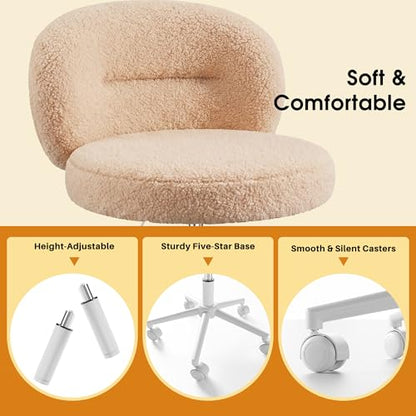 Homkdom Round Vanity Chair with Silent Wheels, 17.32" Wide Seat | Height Adjustable, 360 Swivel & Smooth Rolling, Armless Design for Makeup and Study - Yellow - color: Yellow