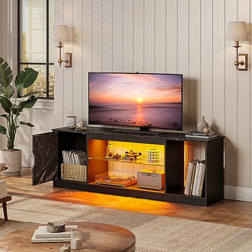 Bestier 57" LED Gaming TV Stand, RGB Light, Black Marble | Fits 55-65" TVs, PS5/Xbox Storage, Adjustable Glass Shelves, Modern Black Marble Finish For Living Room - color: Black Marble