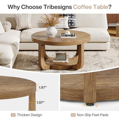 Tribesigns Round Coffee Table, 2-Tier Circle Coffee Table with Storage, Modern Wooden Accent Center Table for Living Room, Thick Tabletop & Base (Rustic Oak) - color: Rustic Oak