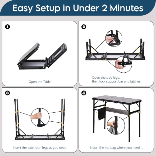 LOFTEY 3 ft Folding Camping Table, Portable Camp Table, Adjustable Height | 3 Height Settings up to 27.5", 70 lb Capacity, Compact Tri-Fold, Lightweight with Carry Bag, Mesh Pocket and Hooks