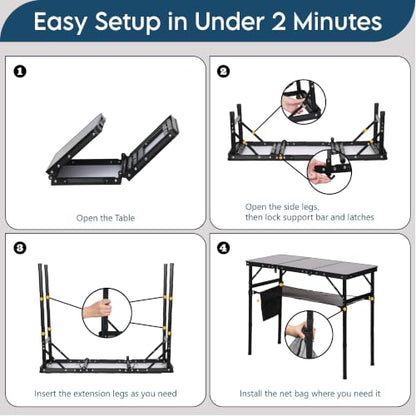 LOFTEY 3 ft Folding Camping Table, Portable Camp Table, Adjustable Height | 3 Height Settings up to 27.5", 70 lb Capacity, Compact Tri-Fold, Lightweight with Carry Bag, Mesh Pocket and Hooks
