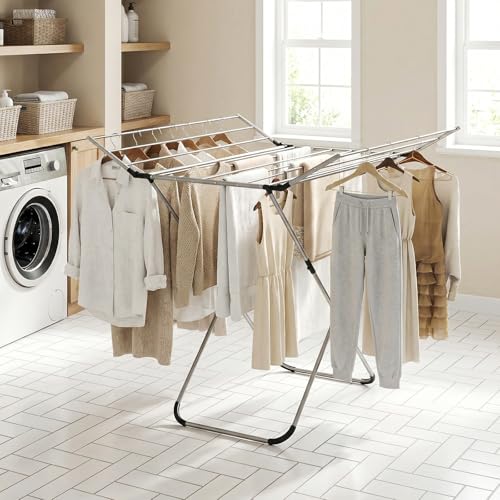 Tangkula Collapsible X-Shaped Freestanding Clothes Drying Rack | Sturdy Aluminum Frame | 2 Foldable Wings & 14 Drying Poles | Space-Saving | for Laundry Room, Balcony, Patio