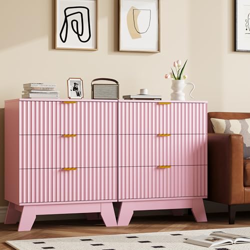 Fluted Nightstand with 3 Large Drawers, Wooden Side End Table with Elevated Legs for Easy Cleaning, Sturdy Modern Beside Table for Small Space, Bedroom, Pink, 24" L - color: Pink