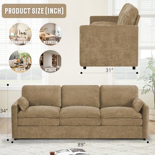 89" Chenille 3 Seats Sofa with 2 Pillows, Camel | Modern Upholstered Sofa with Deeper Seats, Comfy Sofa with Thickened Cushions for Living Room, Apartment - color: Camel, size: Sofa