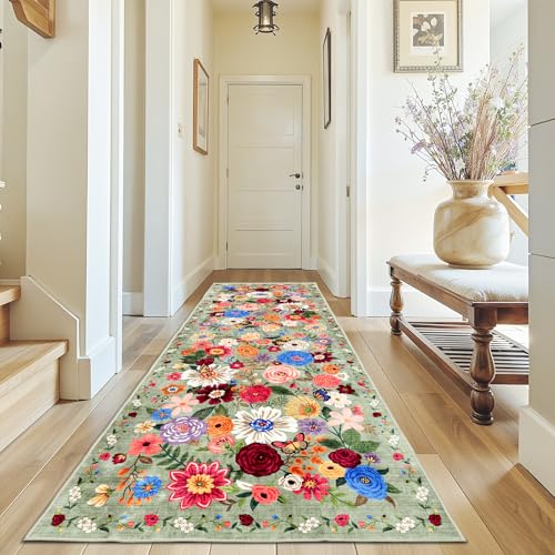 Green Floral Hallway Runner Rug 3x7 for Bedroom Kitchen | Rubber Backing; Non Slip; Soft;Machine Washable; Ideal for Bathroom, Hallway, Laundry Room - color: Green, size: 3' x 7' (Rectangular)