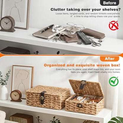 Water Hyacinth Wicker Storage Baskets with Magnetic Lids, Set of 2 | 2-Piece handwoven water hyacinth boxes with magnetic lids and metal frames for shelves, coffee tables, and consoles