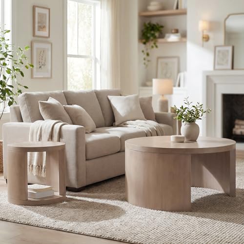 Round Nesting Coffee Table Set of 2, 31.5 & 18 in, Gray | Round coffee tables for living room, 2 in 1 nesting tables, nest or use separately, rounded edges, space-saving design - color: Grey