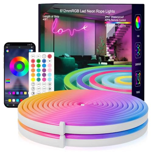 SILFU Neon Rope Lights, 20FT RGB LED Strip Lights | Waterproof IP67 LED Lights for Bedroom, DIY Design, Music Sync, 44Key Remote Control, Multiple Modes for Bedroom,Decoration - size: 20FT