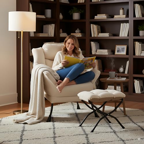 Lazy Chair with Ottoman, Comfy Accent Reading Chair, Beige | Foldable Footrest,Removable Cover,with Armrests and Side Pockets,Upholstered Lounge Chair for Bedroom,Dorm,Office,Small Space - color: Beige