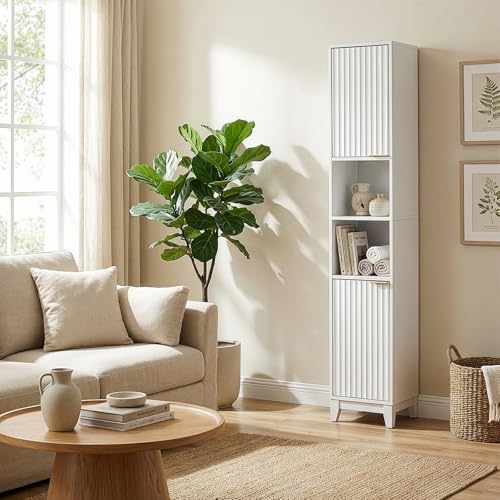 VINGLI White Fluted Tall Narrow Bathroom Cabinet, 67" Slim Freestanding Storage Cabinet for Small Spaces, Wood Linen Tower Floor Cabinet with 2 Doors, Open Shelves & Soft-Close Hinges
