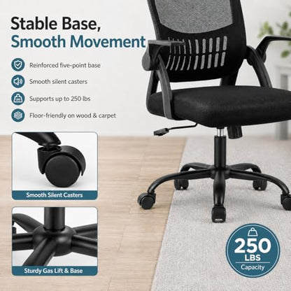 Ergonomic Office Chair, Home Office Desk Chair, Breathable Mesh Desk Chair with Adjustable Lumbar Support and Flip-up Armrests, Game Chairs, 360° Swivel Desk Chairs for Conference, Meeting Room(Blank) - color: Black
