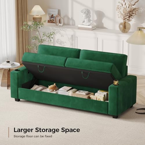 COPIAE Loveseat Sofa, Larger Couch Velvet Fabric with Storage, Charging Ports, Heightened Backrests, Removable Cover Modern Comfy Couches Easy Assembly for Living Room, 88 Inch Green - color: Green