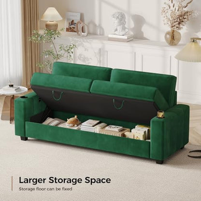 COPIAE Loveseat Sofa, Larger Couch Velvet Fabric with Storage, Charging Ports, Heightened Backrests, Removable Cover Modern Comfy Couches Easy Assembly for Living Room, 88 Inch Green - color: Green