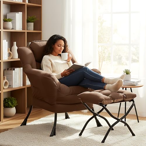 Welnow Lazy Chair with Ottoman, Reading Chair with Footrest,Dark Brown | A Side Pocket,Armrests,Foldable Footrest,Thick Cushioned Seat & Backrest, Lounge Chair for Bedroom,Living Room & Small Space - color: Dark Brown