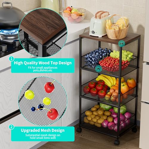 HapiRm Fruit Basket Kitchen Cart - 4-Tier Rolling Storage Cart with Wheels, Fruit Vegetable Basket with Wood Top, Pantry Utility Kitchen Organizer for Fruit Potato Onion Vegetable Bread Snack - color: Black