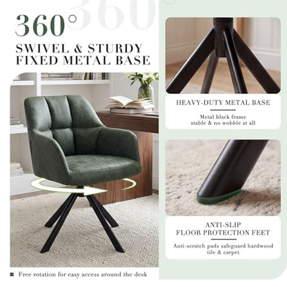 EALSON Comfy Leather Desk Chair Modern Computer Task Chair no Wheels Swivel Accent Chair with Mid Back Arm Chair for Living Room/Bedroom/Home Office, PU Green - color: Green