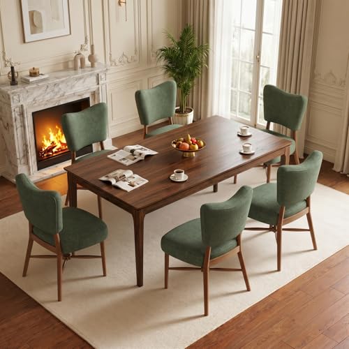 Dining Chairs Set of 6, Linen Upholstered, Solid Wood Legs, Green | Mid Century Modern Farmhouse, Cross-Brace Reinforced, Padded Cushion, Easy 15-Min Assembly, Kitchen Dining Room - color: Green, size: Set of 6