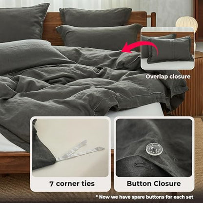 Simple&Opulence 100% Washed Linen Duvet Cover Set with Embroidered,2 Pieces Soft Farmhouse Comforter Set with Button Closure,1 Duvet Cover and 1 Pillowsham(Twin,Dark Grey) - color: Embroidery Dark Grey, size: Twin