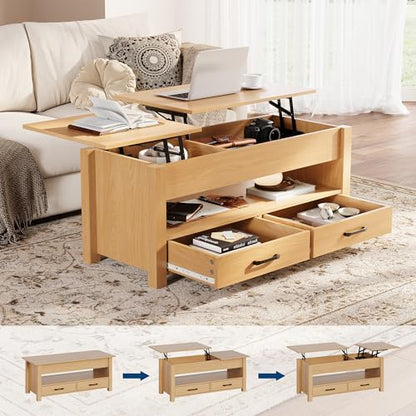 Multifunctional Lift Top Coffee Table, Convertible Wooden Coffee Table with 2 Drawers & Hidden Compartment, Storage Center Table for Living Room Home Office,Natural - color: Natural Wood