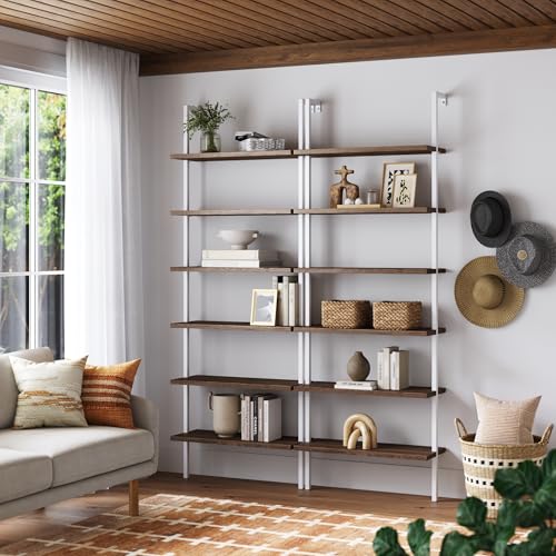 Nathan James Theo 6-Shelf Tall Bookcase, Wall Mount Bookshelf with Natural Wood Finish and Industrial Metal Frame, Rustic Oak/White, Set of 2 - color: Oak/Matte White, size: Set of 2