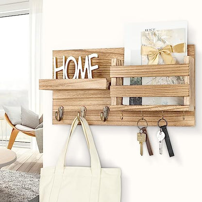 Lwenki Mail Organizer for Wall Mount – Key Holder with Shelf Includes Letter Holder and Hooks for Coats, Dog Leashes – Rustic Wood with Flush Mounting Hardware (16.5” x 8.7” x 3.5”) (Wood) - color: Wood