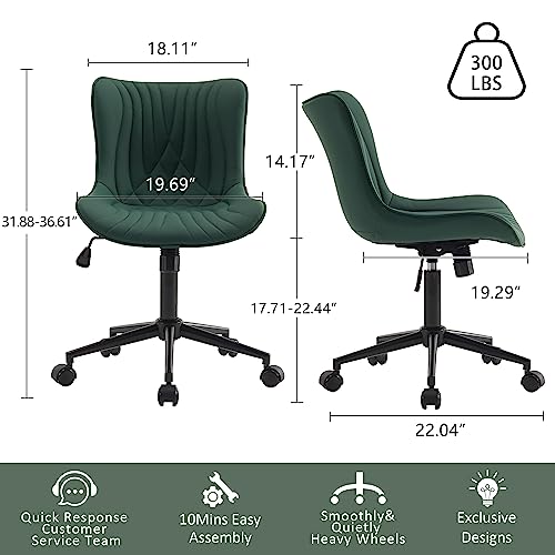 YOUTASTE Dark Green Armless Office Chair, Modern Adjustable Swivel Desk Chair with Wheels, Upholstered PU Leather, Black Metal Legs, Back Support for Home Office, Study, Vanity, Bedroom - color: Dark Green