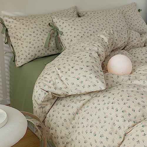mixinni Country Style Duvet Cover Twin Size - Cottagecore Green Floral Vintage Bedding 3PC with Bow Ties Pillowcases, 100% Cotton Soft Aesthetic Boho Comforter Cover for Girls-Twin XL Size - color: A4 # Bowknot - Bloom Green Floral, size: Twin(68" x 86")