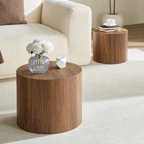 Nesting Coffee Table Set of 2, Modern Round Coffee Table Drum Side Table, Wooden Circle Accent Tables End Tables for Small Spaces Living Room Bedroom Office (Walnut) - color: 18.9" & 14.96" Walnut With Wood Veneer