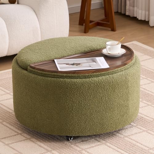 29.5" Round Storage Ottoman Coffee Table, Dual Reversible Lids, Green | Round Ottoman Coffee Table, Swivel Casters, Hidden Storage, Dual Lift-Off Lids, Teddy Fabric, Living Room, Bedroom - color: Green