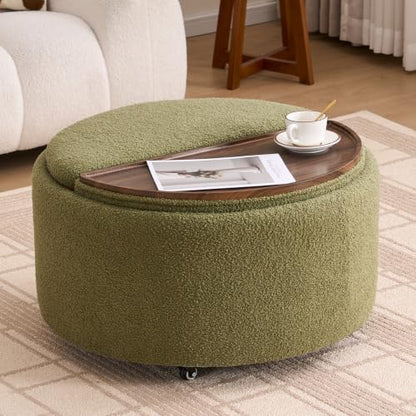 29.5" Round Storage Ottoman Coffee Table, Dual Reversible Lids, Green | Round Ottoman Coffee Table, Swivel Casters, Hidden Storage, Dual Lift-Off Lids, Teddy Fabric, Living Room, Bedroom - color: Green