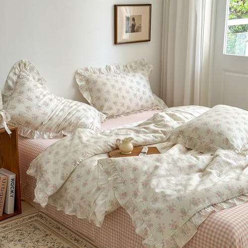 MKXI Floral Duvet Cover Set for Girls 100% Cotton Ruffled Bedding with Pink Blossom Pattern Twin Size Sweet Cottagecore Aesthetic Comforter Cover for Teens & Women - color: 001 Ruffle- Pink Beige Flowers, size: Twin
