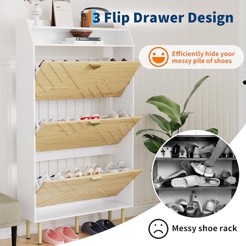 Garvee Shoe Cabinet with 3 Flip Drawers, Hidden Shoe Storage Cabinet with Shelf, Slim Wood Shoe Organizer for Hallway and Entryway, White