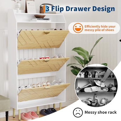 Garvee Shoe Cabinet with 3 Flip Drawers, Hidden Shoe Storage Cabinet with Shelf, Slim Wood Shoe Organizer for Hallway and Entryway, White