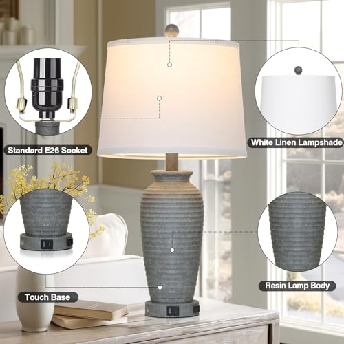 CINSARY 25" Grey Farmhouse Jar Table Lamps, 3 Way Touch Control Rustic Bedside Lamps with USB A+C Ports & AC Outlet, Pot Nightstand Lamps for Bedroom End Table (LED Bulbs Included) - color: Grey-1Pack
