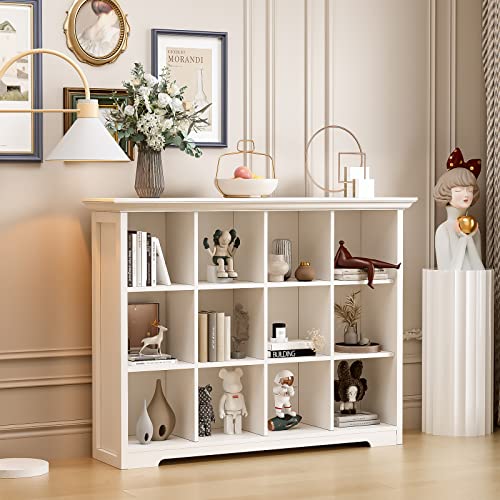 12-Cube Open Bookcase with Base, 3-Tier Wooden Bookshelf, White | Curved Base, Crown Molding, Fits 11×11" Bins, Modern Storage Cabinet for Living Room, Bedroom, Home Office - color: Warm White, size: 12-Cube